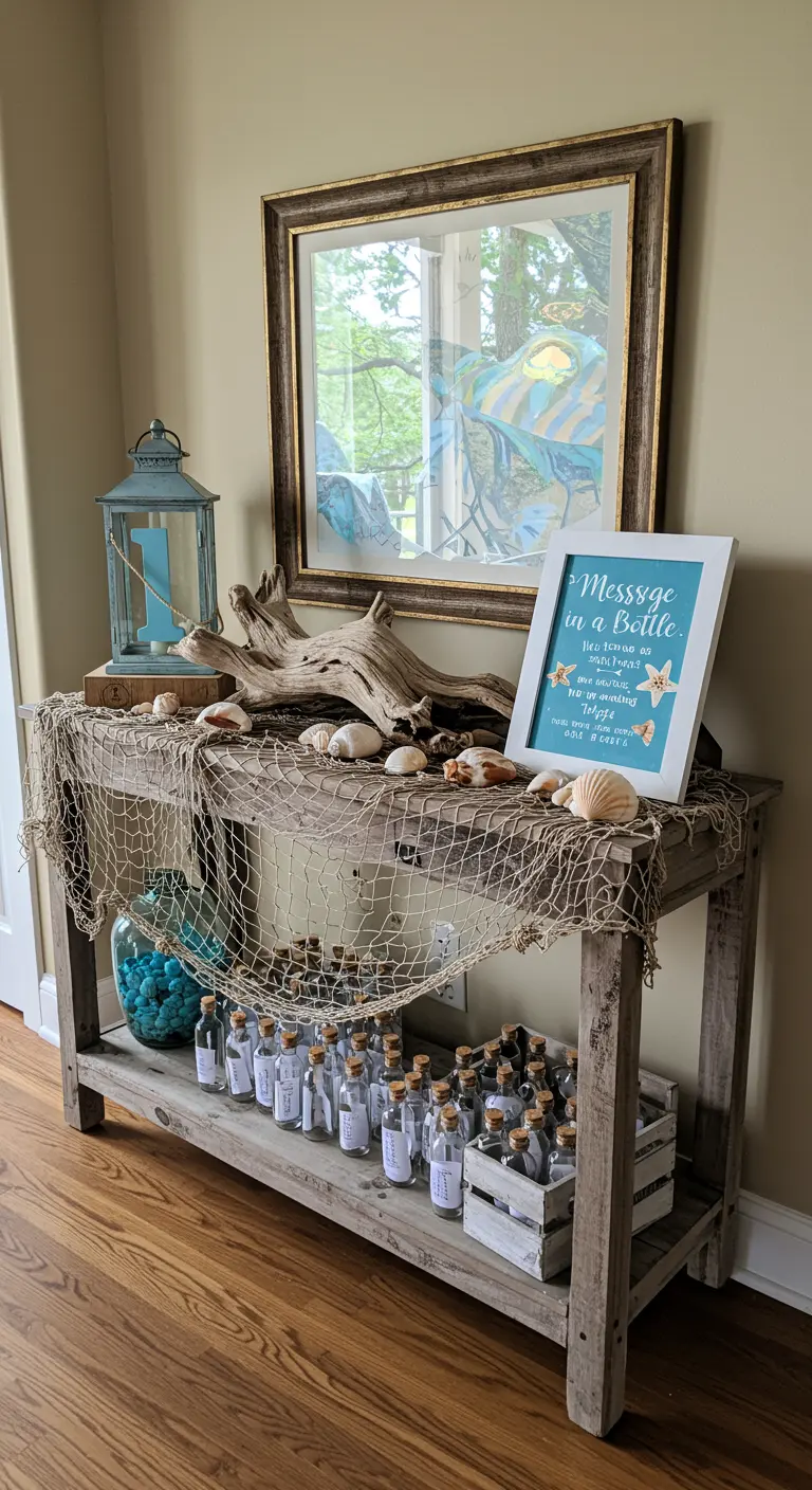 Party favor station with small bottles, sand, and notes for guests.