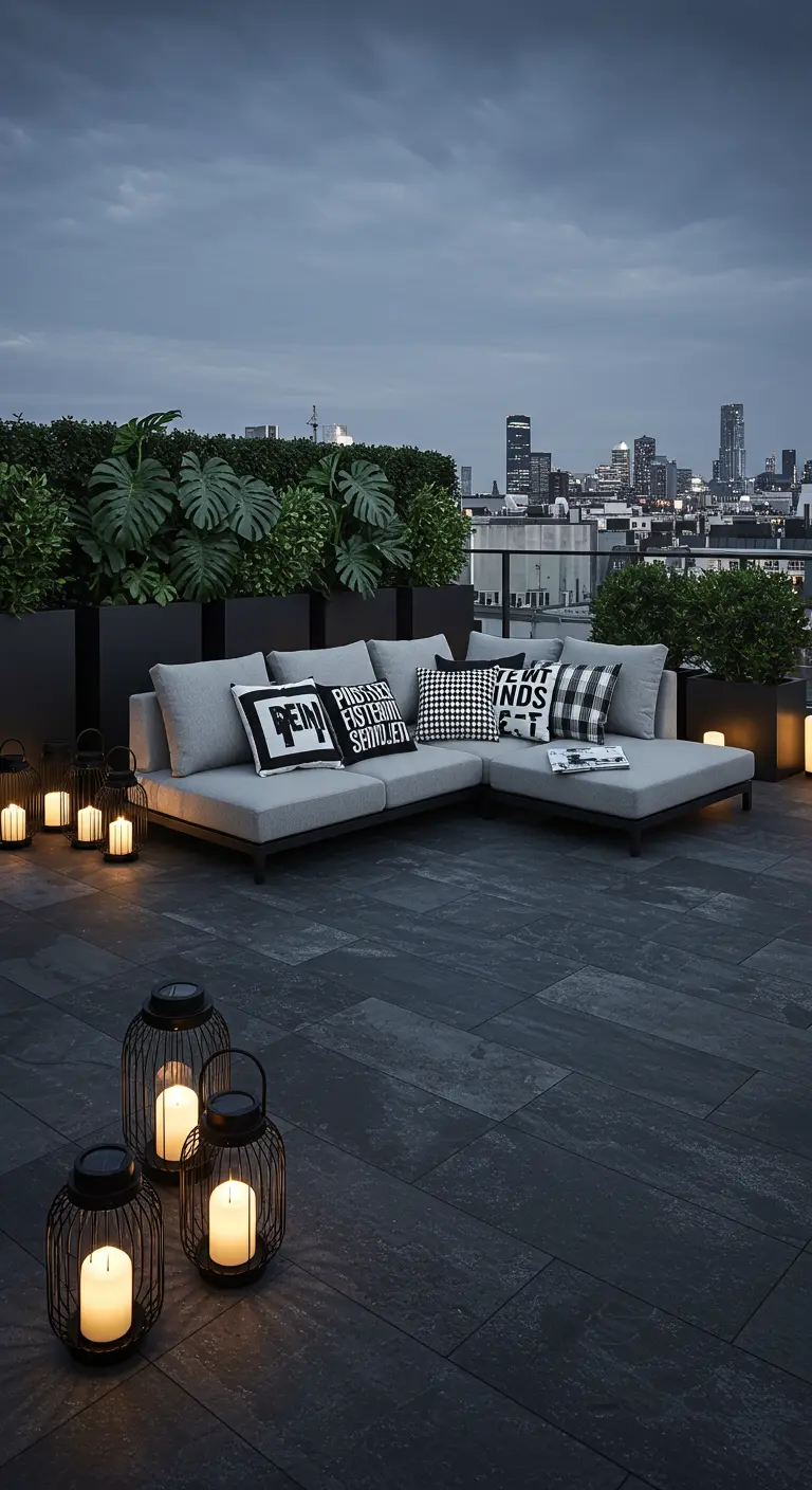 Rooftop balcony with a grey sectional, candle lanterns, and city skyline.