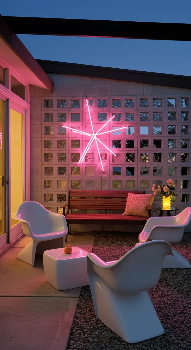 A mid-century modern patio with a breeze block wall and a pink neon starburst sign.