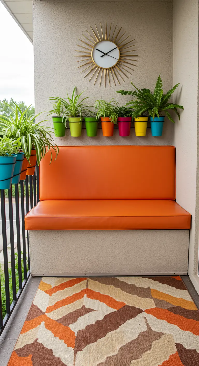 A retro balcony with a bright orange bench, a sunburst clock, and a row of potted plants.