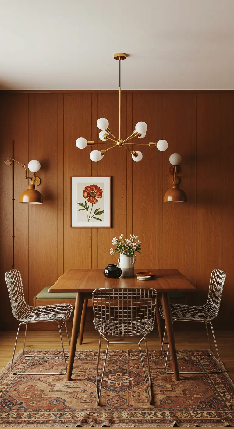 Mid-century modern dining nook with wood paneled walls and a brass sputnik chandelier.