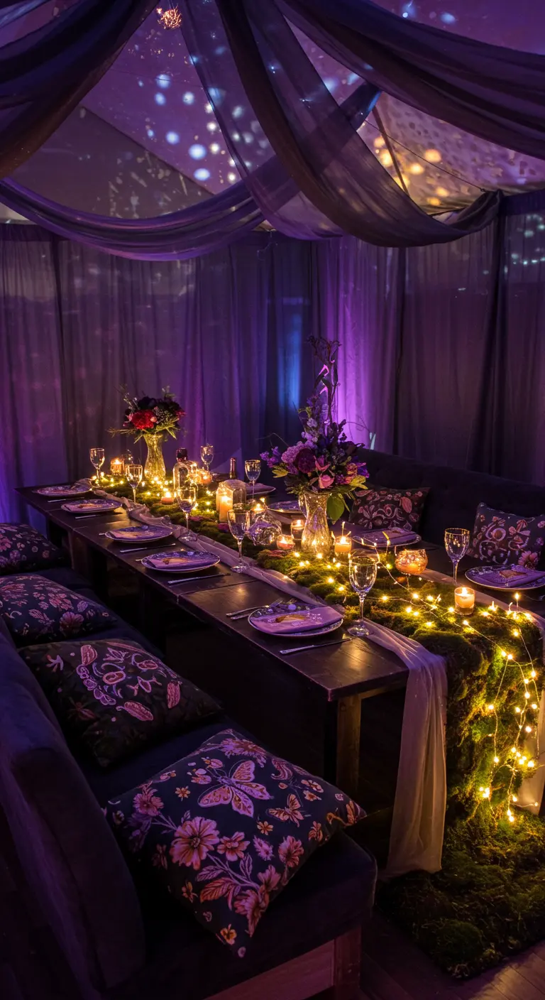 Moody, enchanted forest-themed dinner party with draped fabric, fairy lights, and a moss table runner.