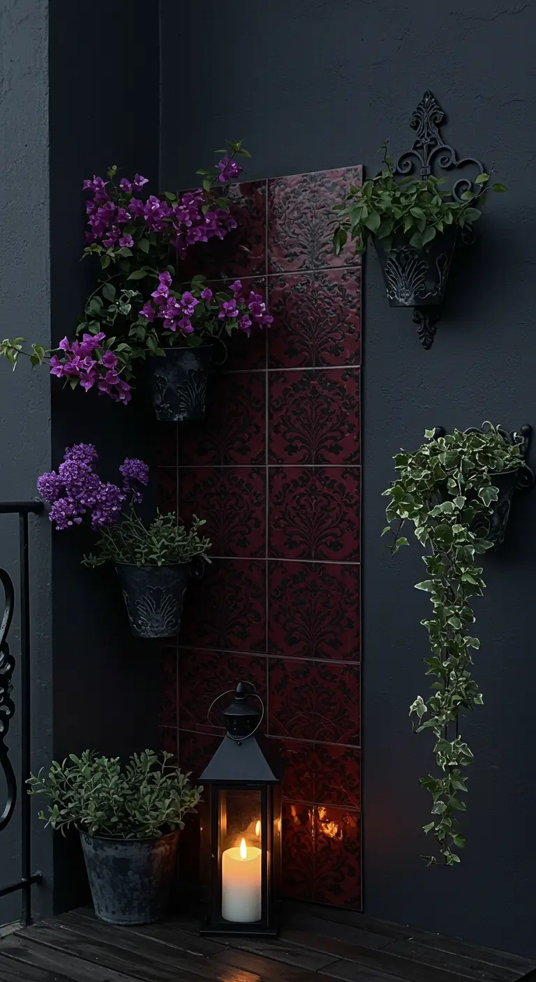 Moody balcony with dark walls, burgundy damask tiles, black planters, and a lit candle lantern.