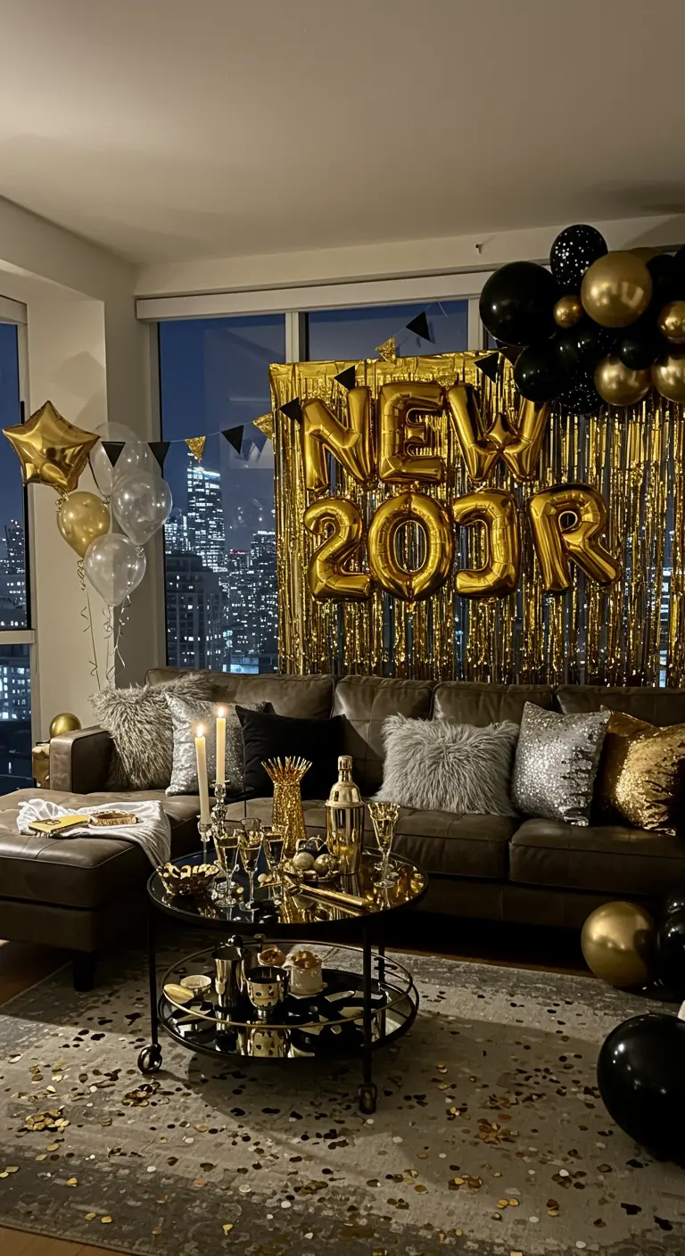 Glamorous New Year's Eve decor with gold balloons, a foil curtain, and a black and gold theme.