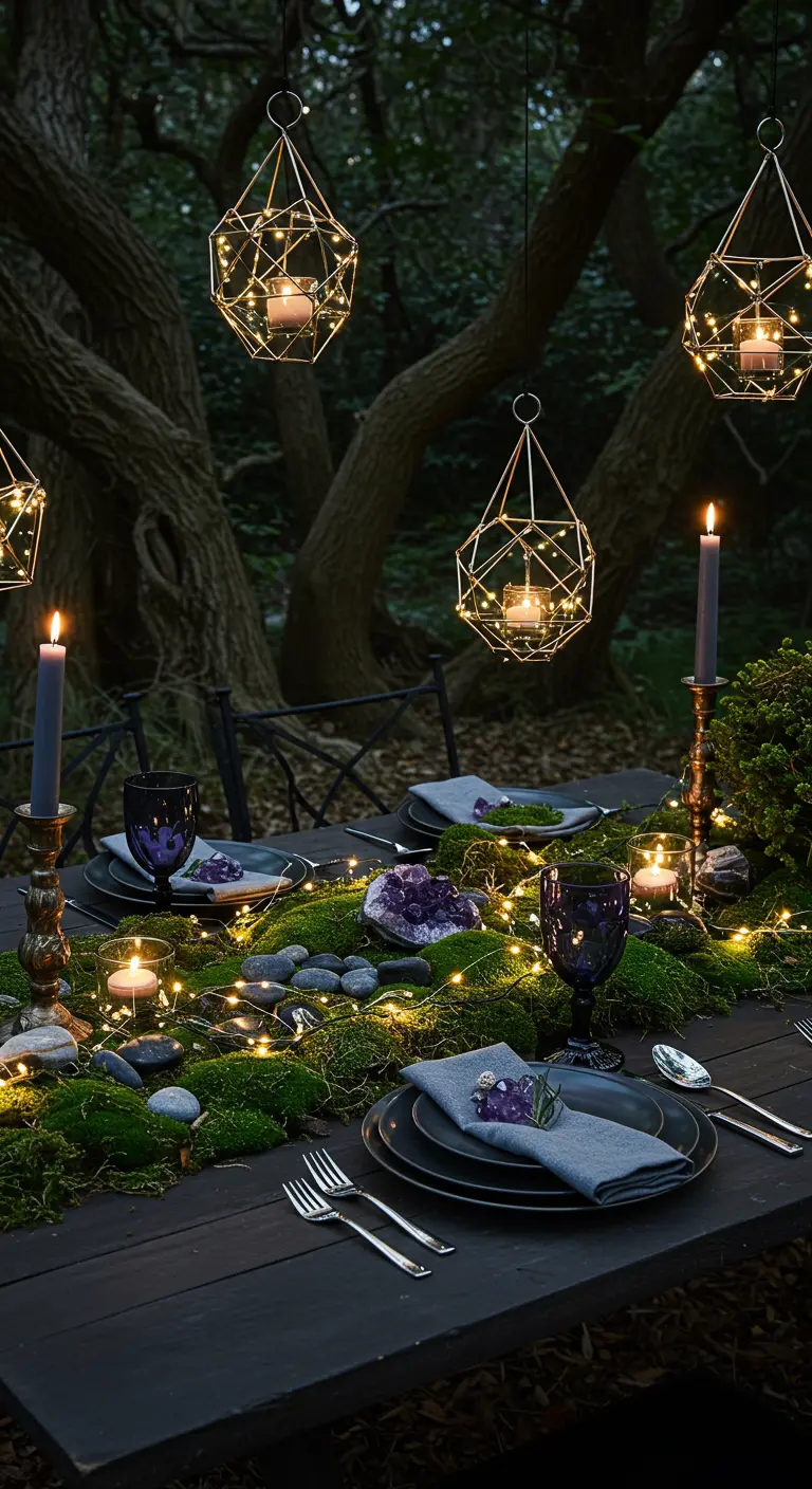 A dark tablescape with a moss runner, amethyst crystals, and hanging geometric lanterns.