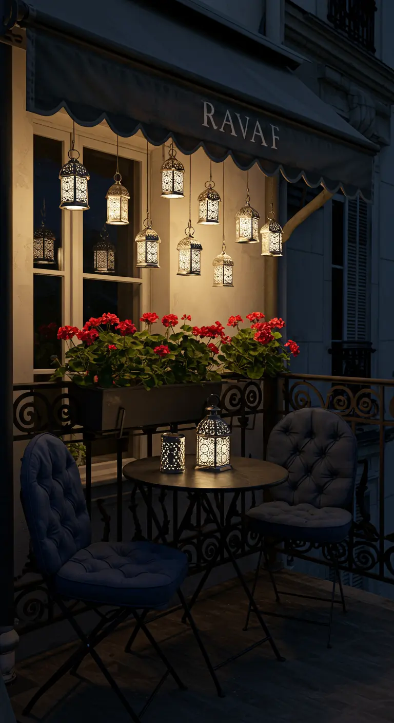 Parisian balcony with blue bistro chairs, hanging lanterns, and red geraniums.