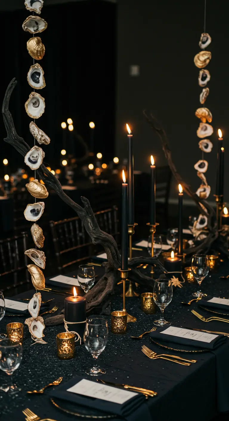 Moody tablescape with black candles, driftwood, and gold-leafed oyster shells.