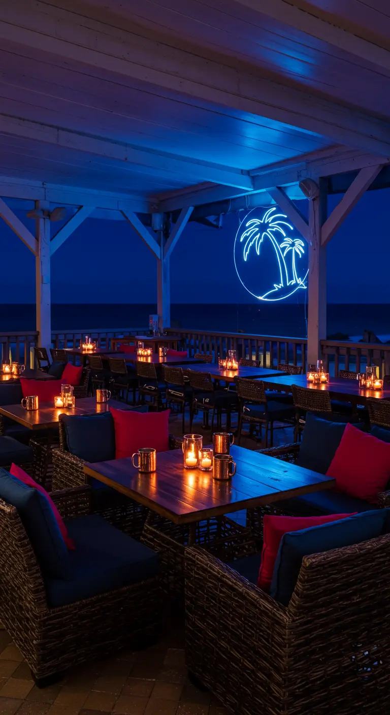 Evening beach patio with dark wicker furniture and a glowing palm tree neon sign.