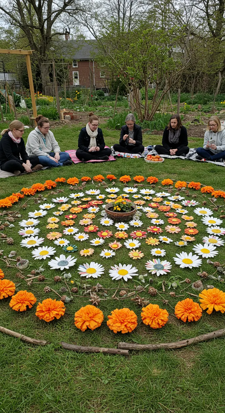 A group of people creating a large, circular mandala on the grass using various flowers.