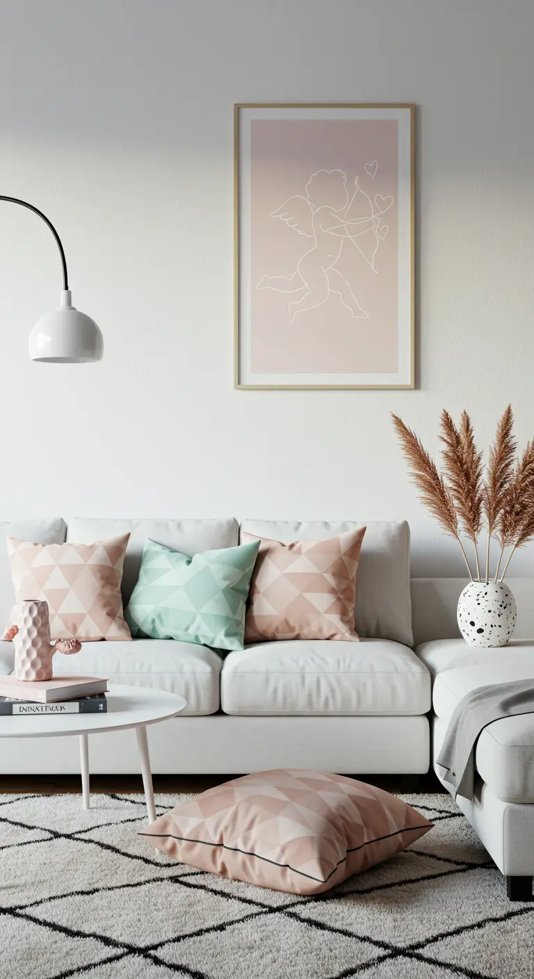 A minimalist living room with a line-art Cupid print and pastel geometric pillows.