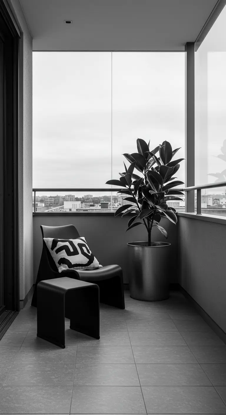 A modern black lounge chair and a large rubber plant on a balcony.