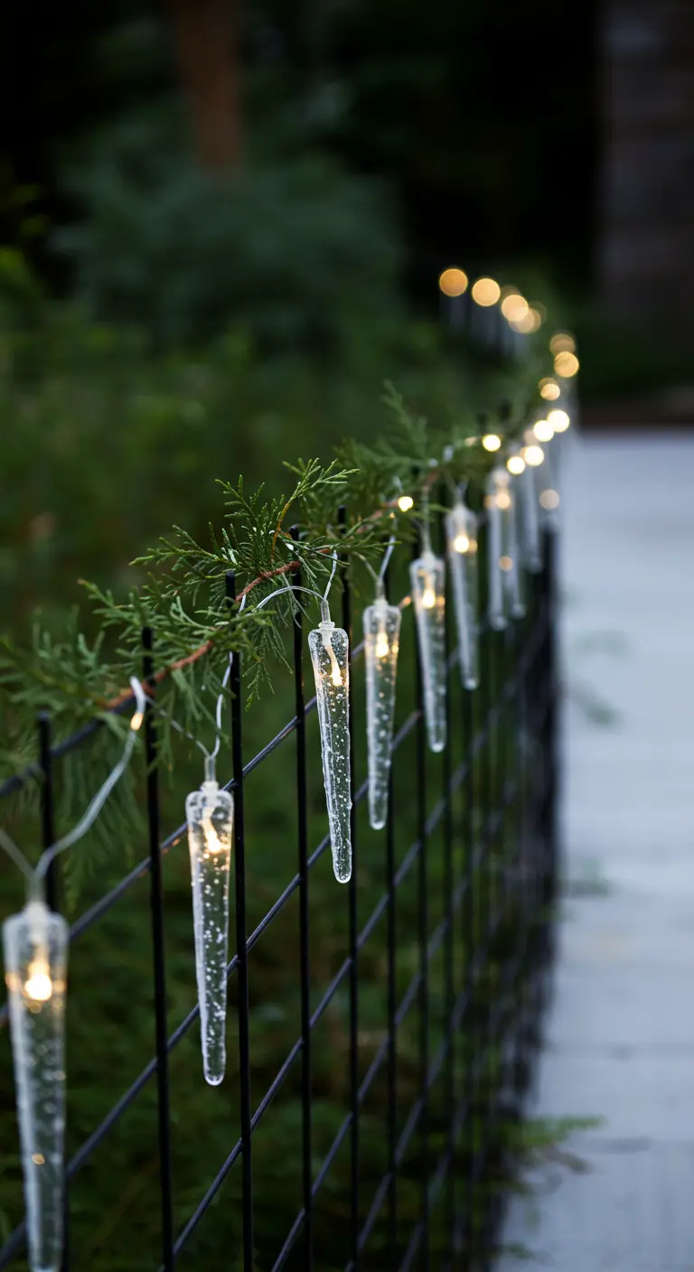 A simple black wire fence decorated with a few cedar sprigs and a string of lit icicle ornaments.