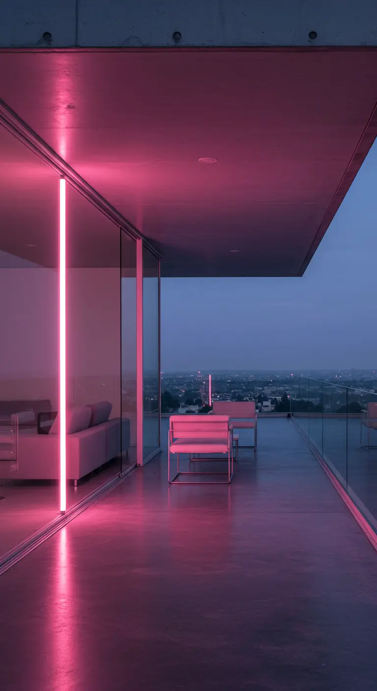 A modern, minimalist concrete patio with a single vertical pink neon light tube.