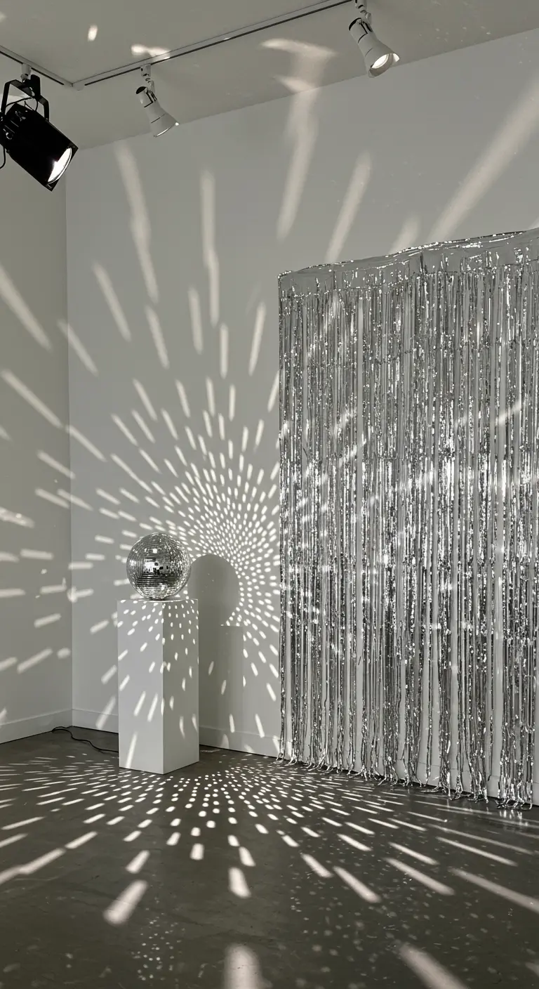 A minimalist setup with a single disco ball on a pedestal casting dramatic light patterns.