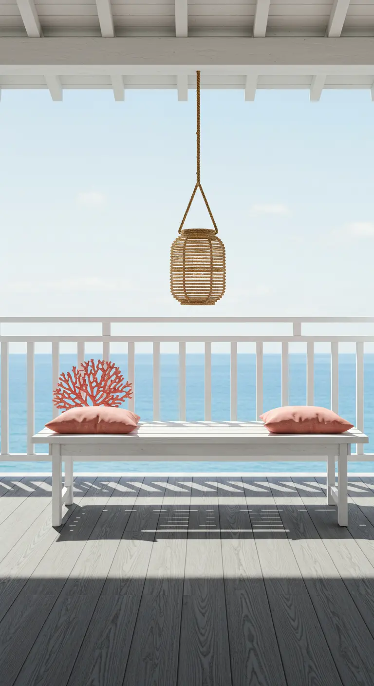 Minimalist white bench with two coral pillows overlooking the ocean.