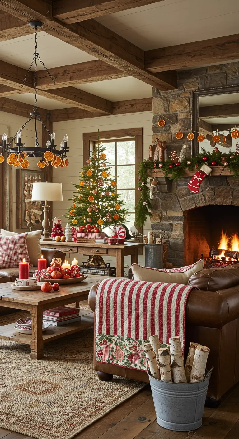 Rustic living room with a dried orange garland on the mantel and striped textiles.