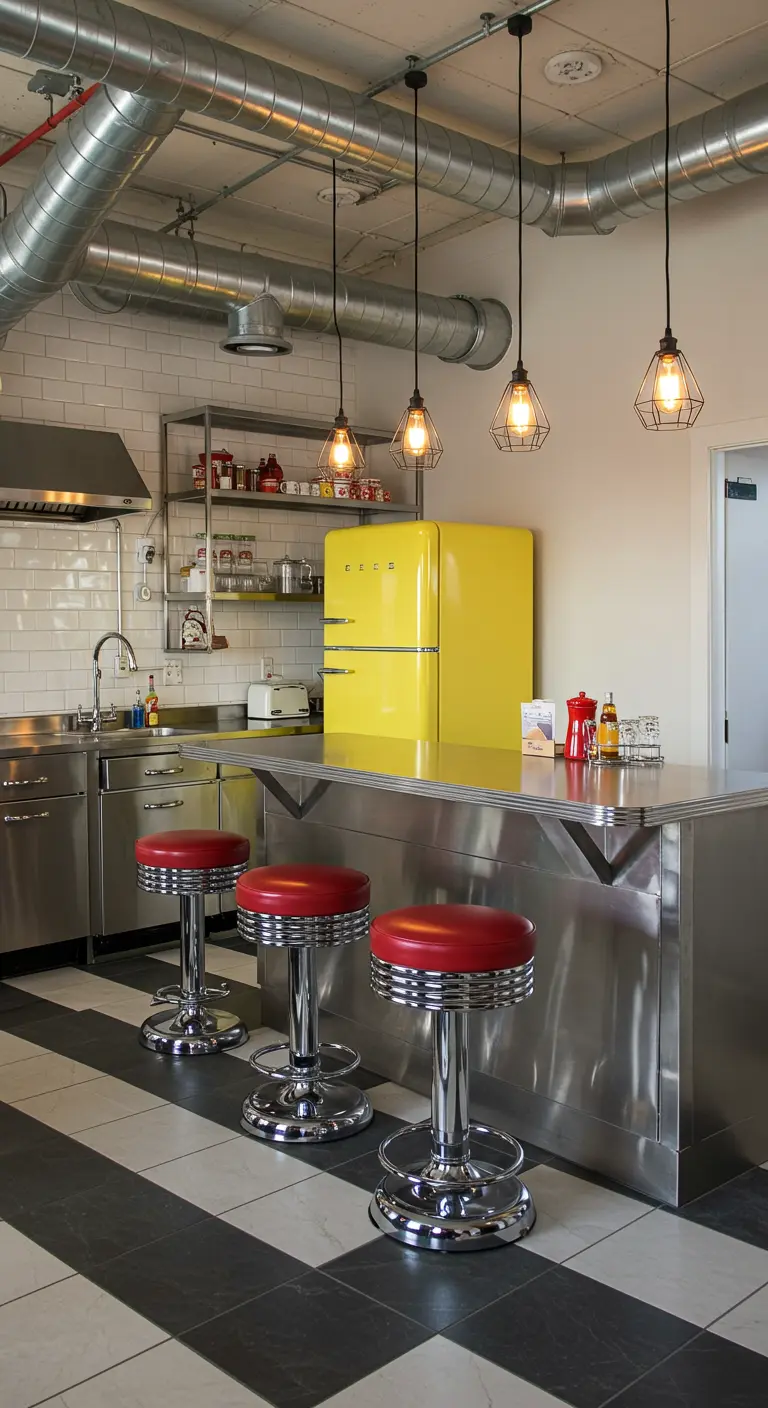 Industrial diner kitchen with stainless steel surfaces, a yellow fridge, and red bar stools.
