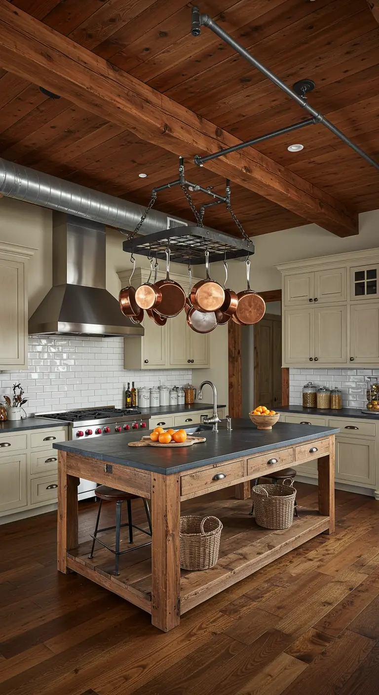 Rustic kitchen with an industrial pot rack and exposed ceiling ductwork.