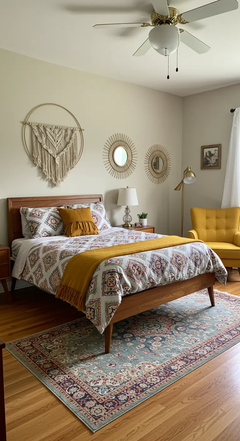 A mid-century modern bedroom with a macramé hoop hanging above the bed and a yellow chair.