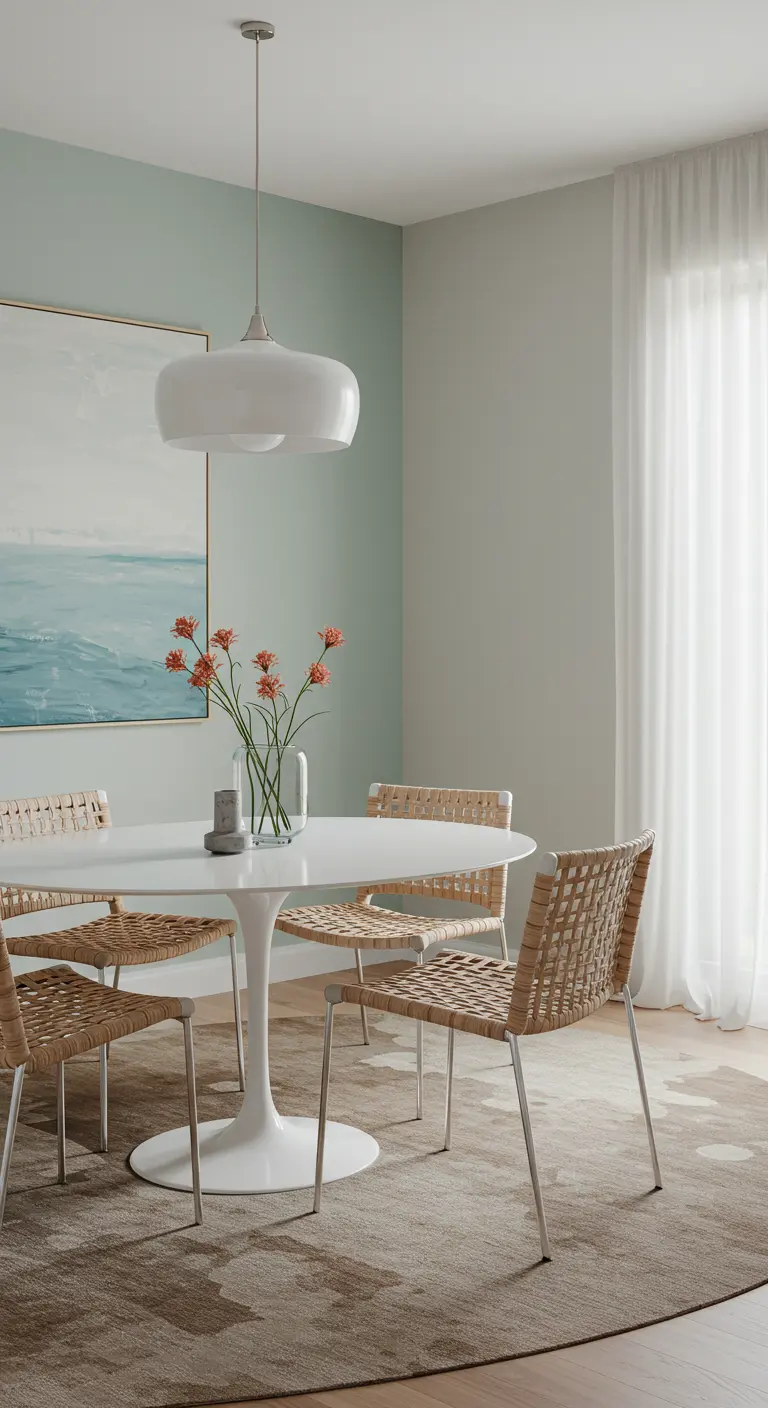 Modern dining room with a white pedestal table and woven chairs on metal legs.