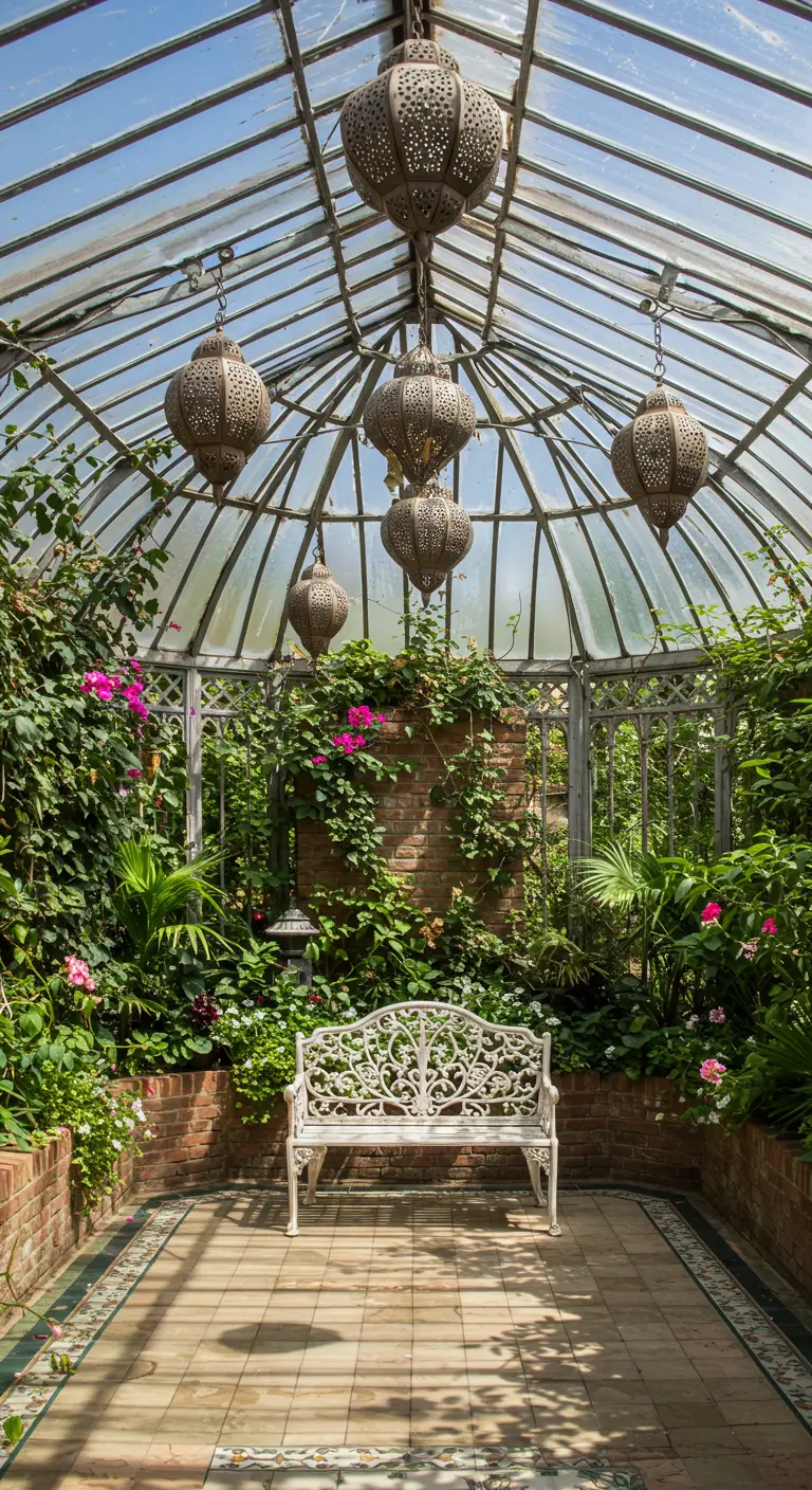 A white Victorian bench in a glass conservatory filled with plants and hanging Moroccan lanterns.
