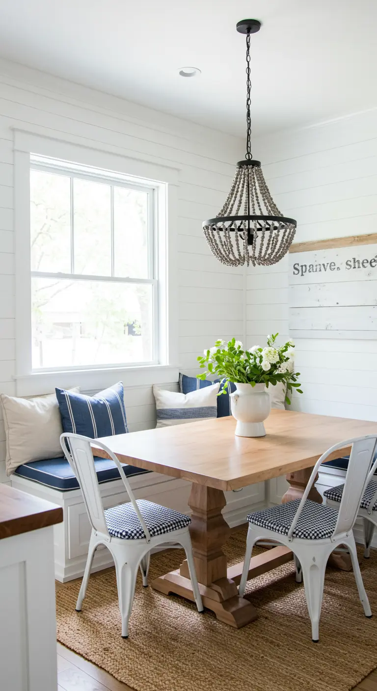 Coastal dining nook with white shiplap walls, a wooden table, and blue and white accents.