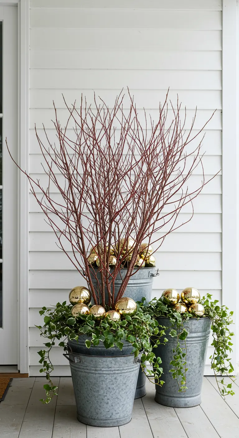 Galvanized buckets with red twig dogwood, trailing ivy, and gold ornaments on a porch.