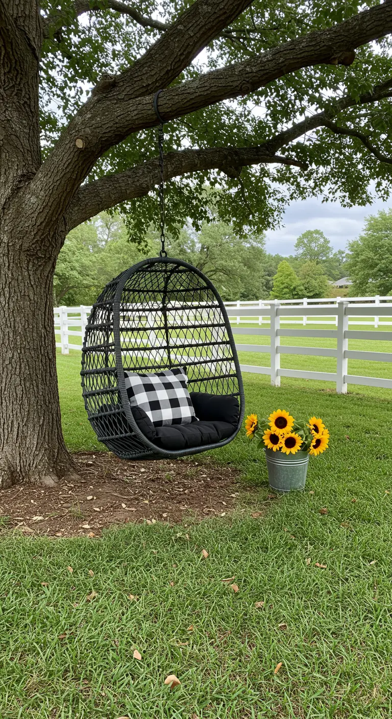 A black egg chair with a buffalo check pillow in a grassy yard with a bucket of sunflowers.