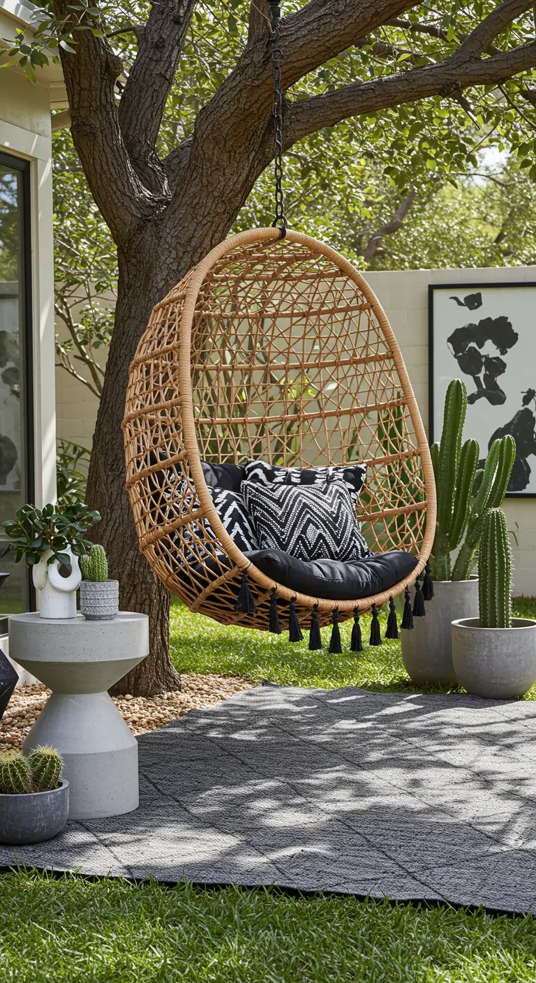 A rattan egg chair with black and white geometric pillows on a modern tiled patio with cacti.