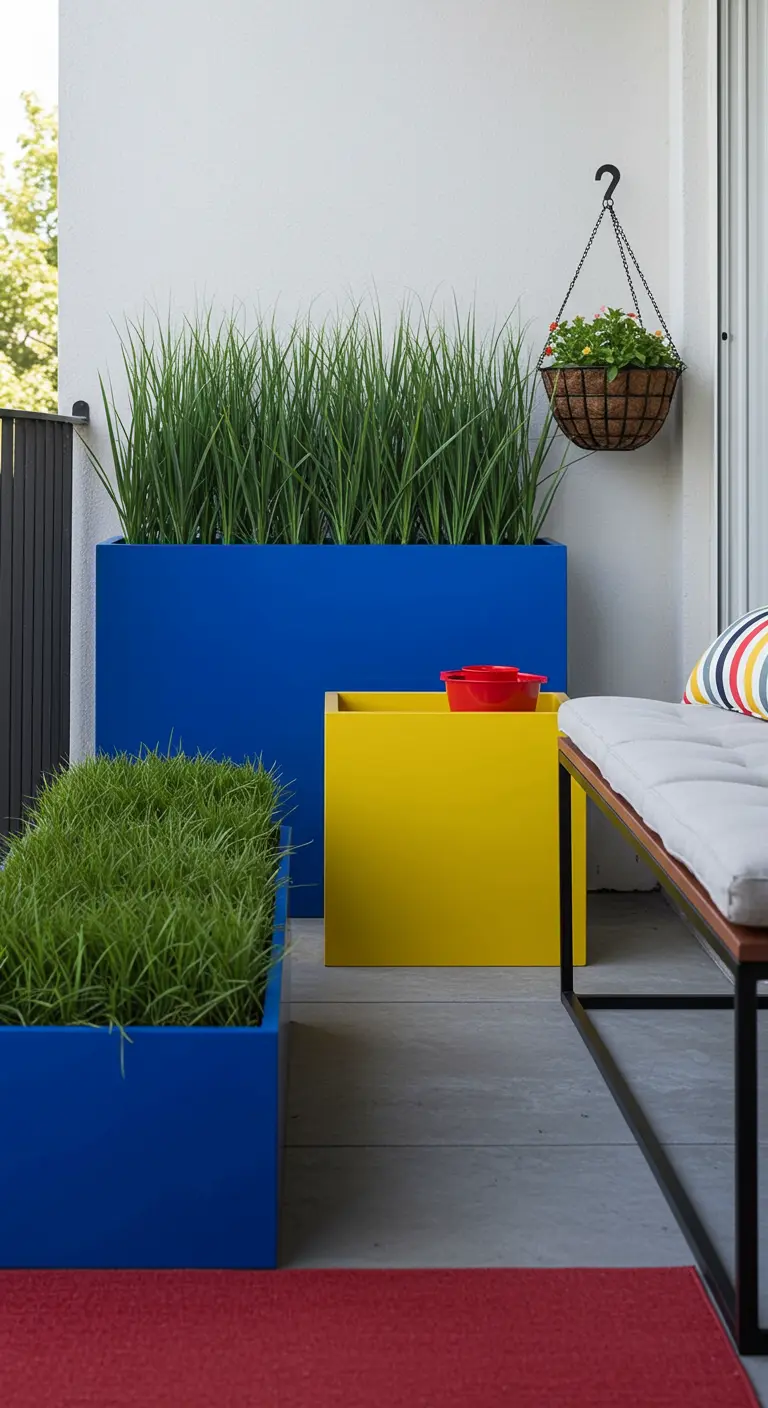 Modern balcony with large, minimalist planters in solid blue and yellow.
