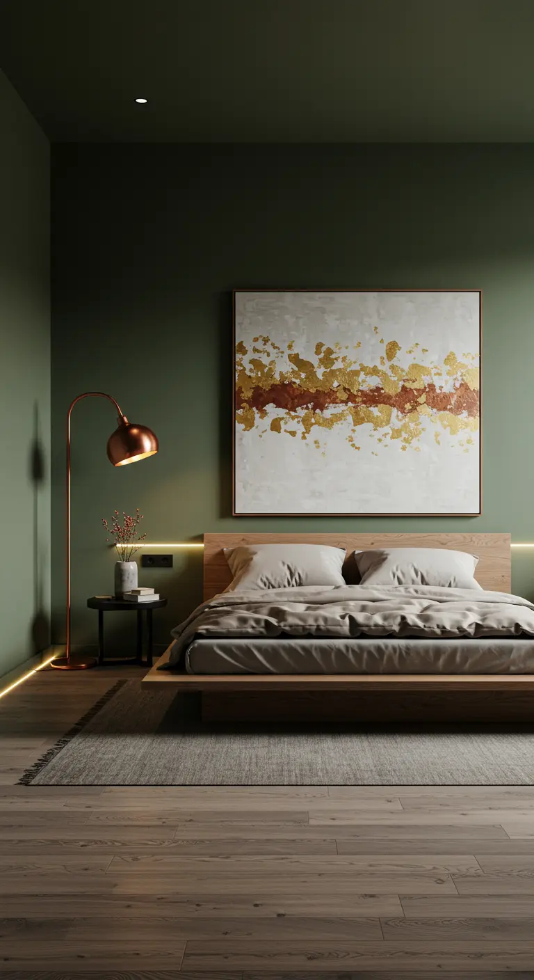 Modern bedroom with green walls, a low platform bed, and abstract art with gold accents.