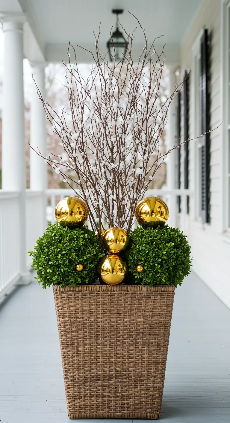 A square wicker planter with two boxwood spheres, tall pussy willow branches, and gold baubles.