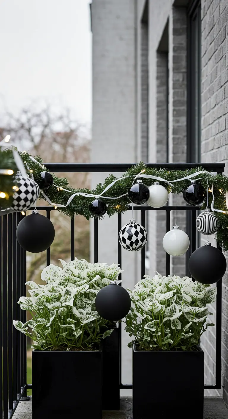 A modern balcony with black, white, and checkerboard ornaments and matching white-leafed plants.