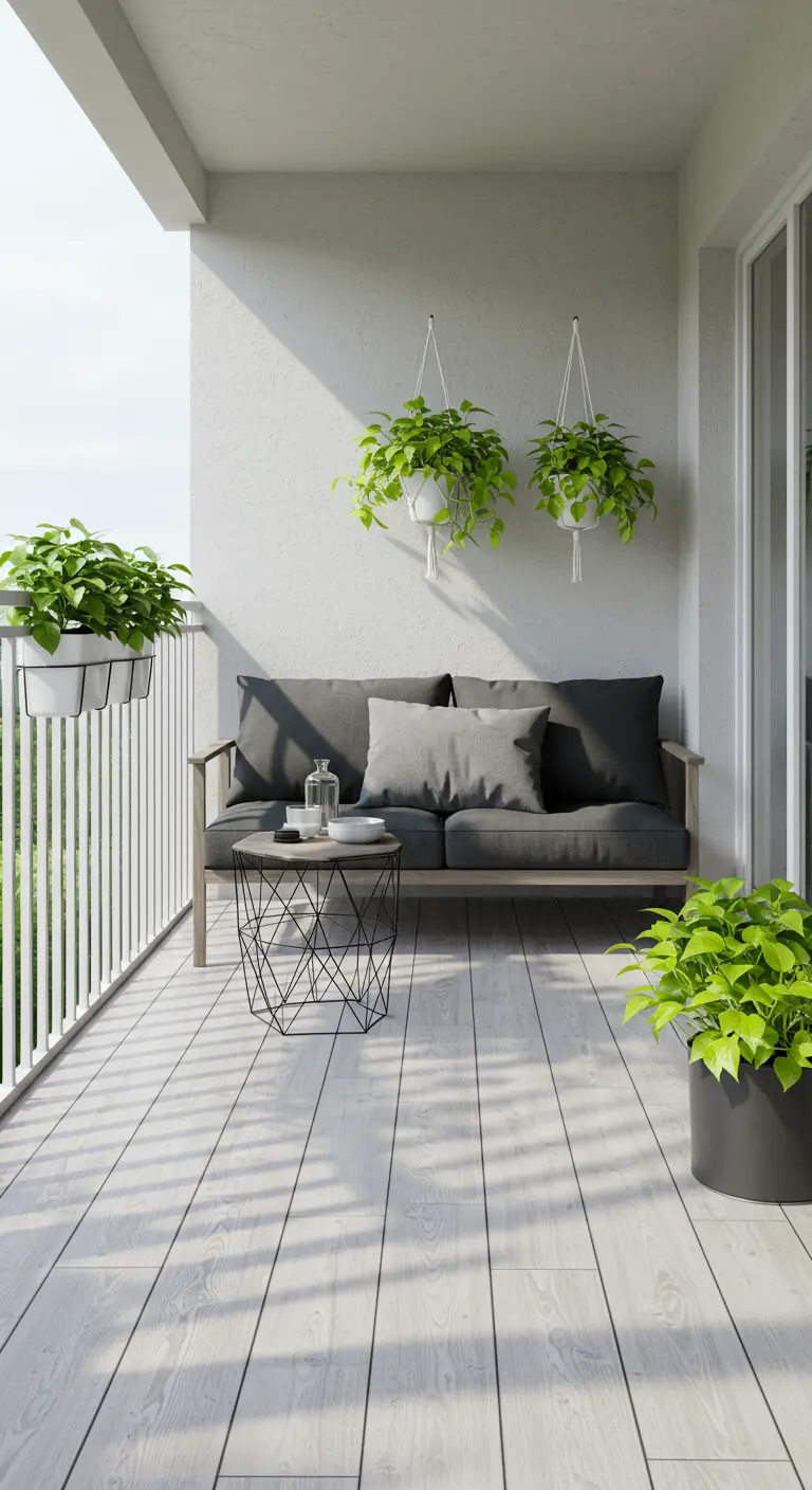 Modern monochrome balcony with a grey sofa and white hanging planters.