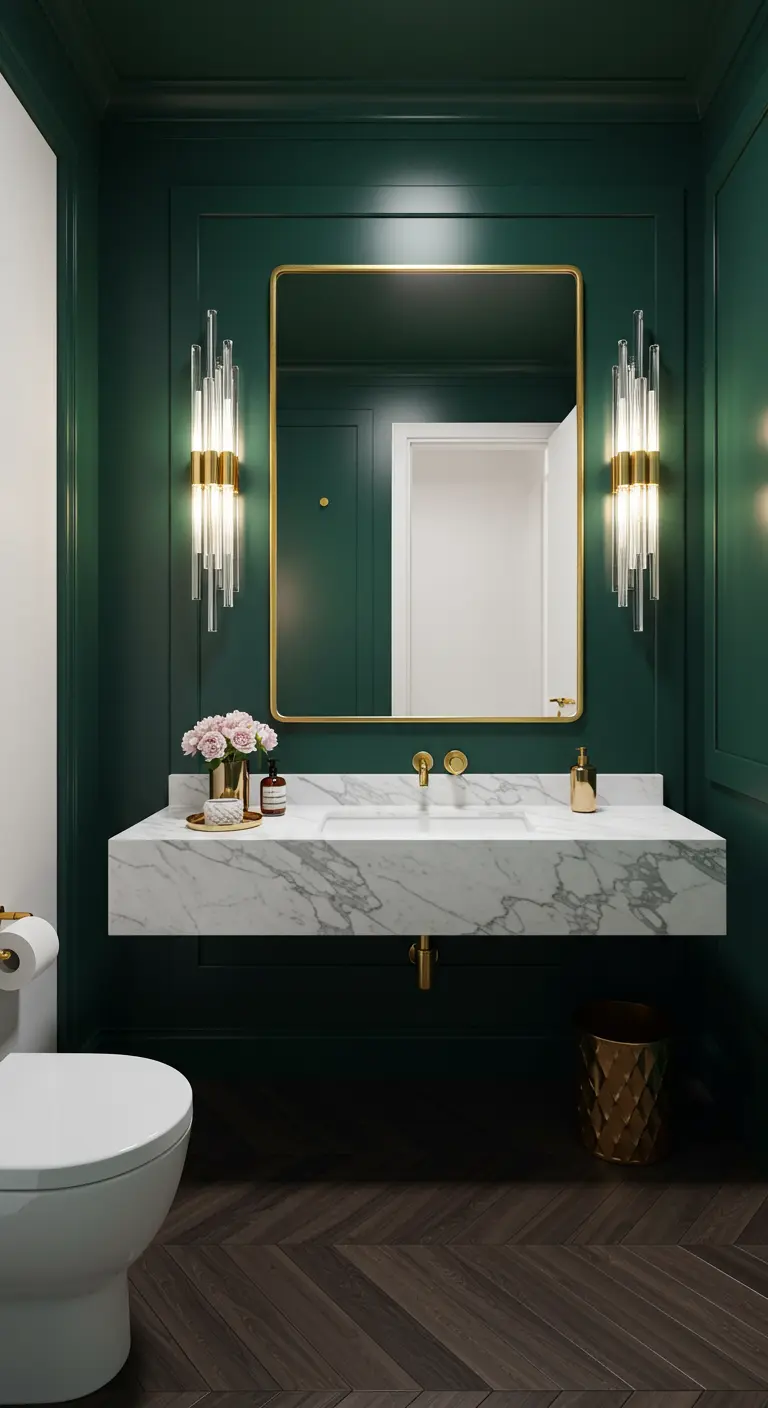 Dark green powder room with a floating marble vanity and modern gold accents.