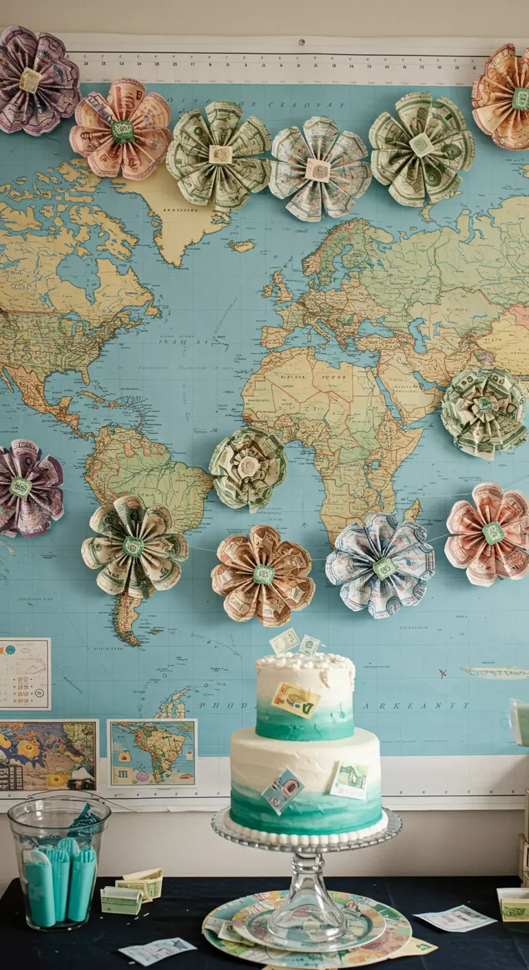 A world map backdrop decorated with a garland of flowers folded from dollar bills.