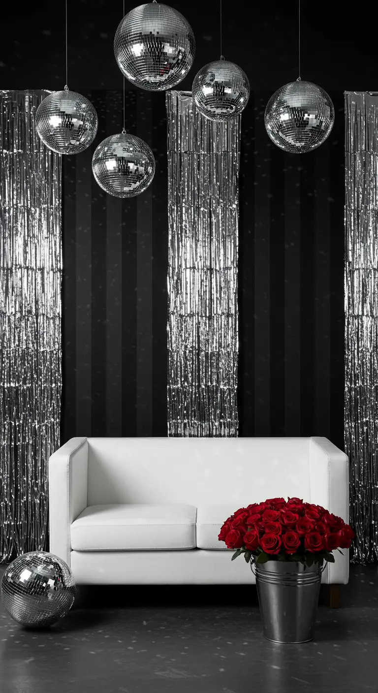 A modern black and white backdrop with silver fringe panels, a white sofa, and red roses.