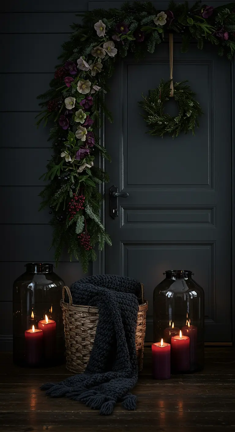 A moody, dark entryway with a garland of pine and dark flowers, and candles in smoked glass jars.