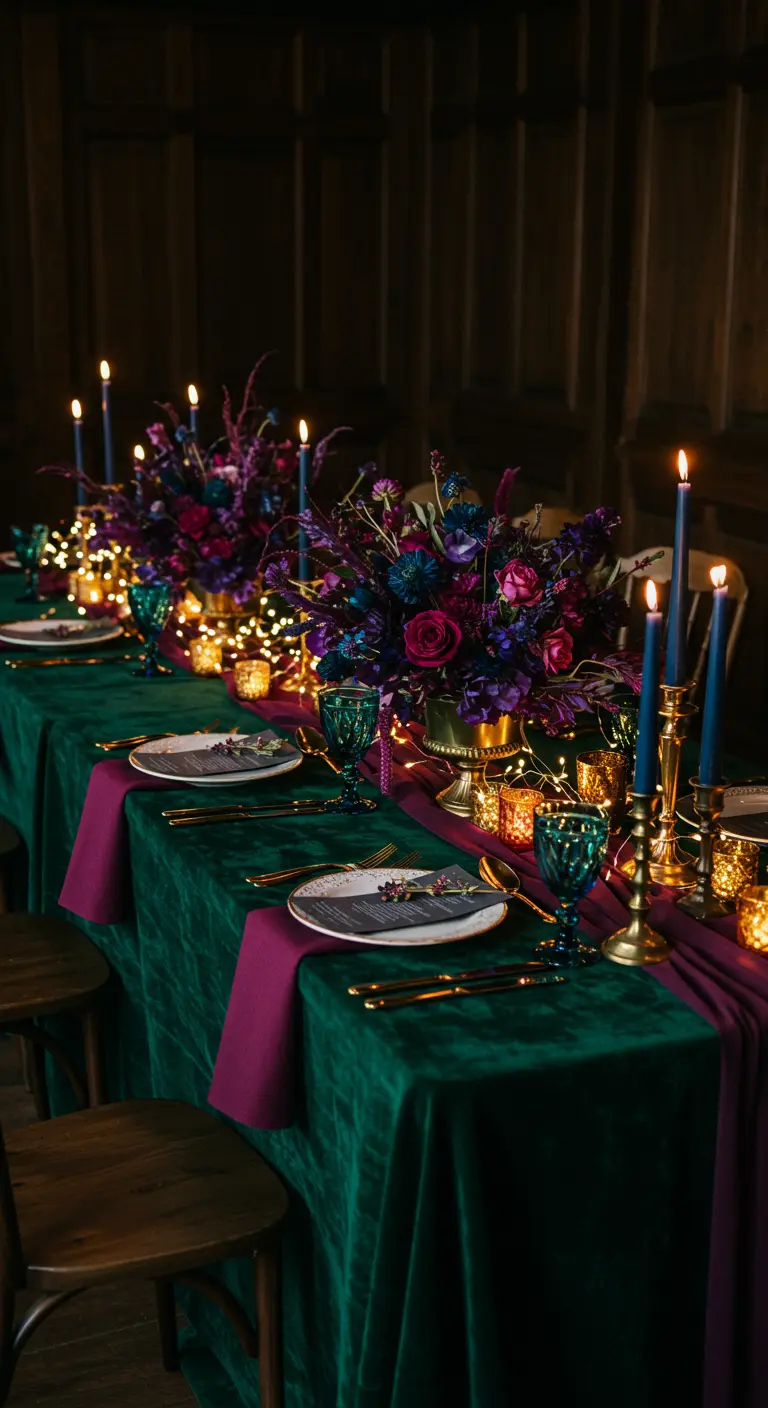 Table set with a green velvet tablecloth, magenta runner, and jewel-toned flowers.