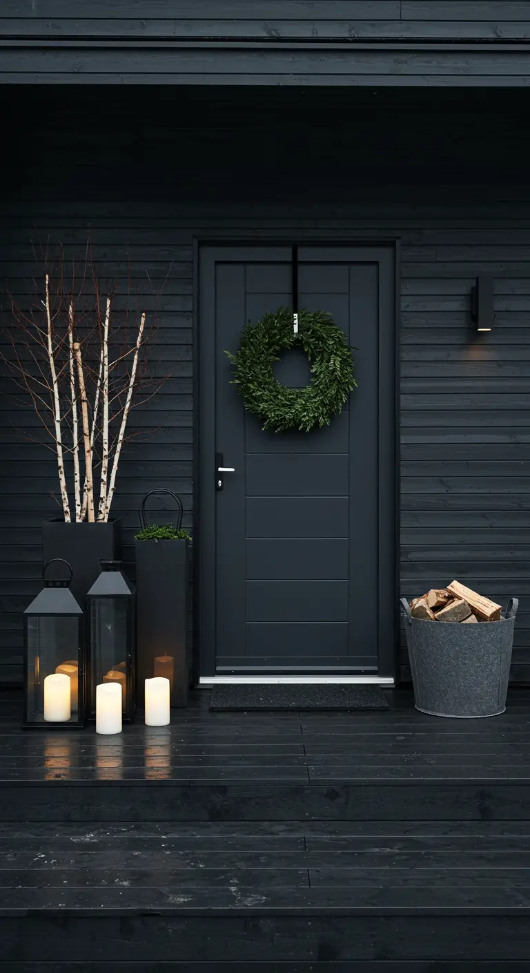 A modern, all-black house entrance with a green wreath, birch branches, and black lanterns.