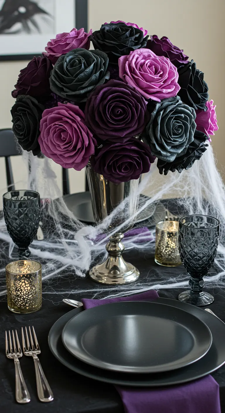 A gothic centerpiece of black and purple paper roses in a silver vase, surrounded by cobwebs.