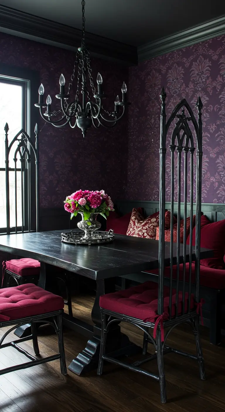 Dark, gothic-style dining nook with purple damask wallpaper and tall, ornate black chairs.