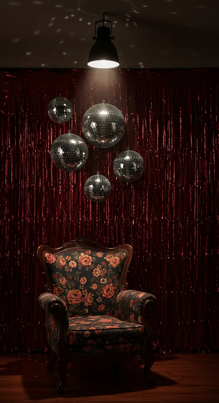A dark red fringe backdrop with a floral armchair and disco balls lit by a spotlight.