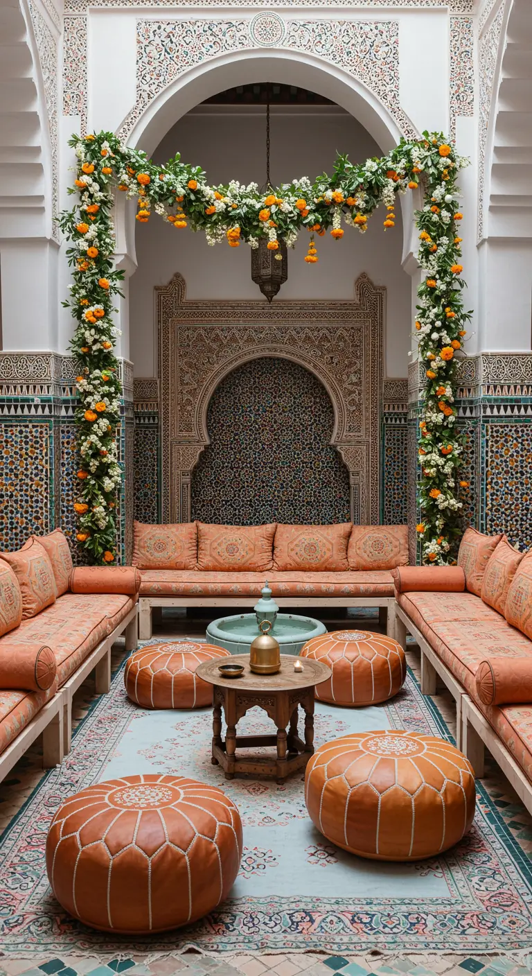 A Moroccan courtyard with tiled walls, orange seating, and an archway draped in marigold garlands.