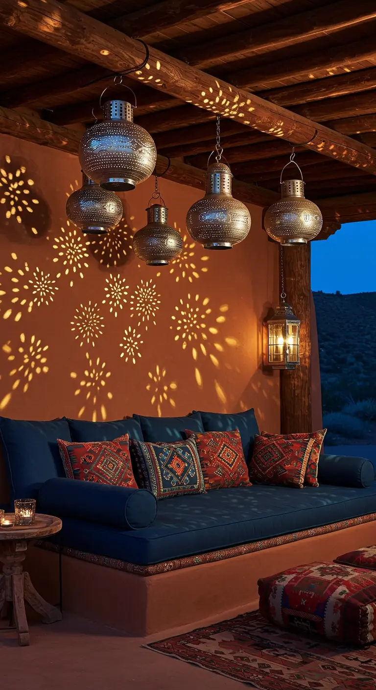 Patio with a navy daybed, colorful pillows, and hanging Moroccan lanterns.