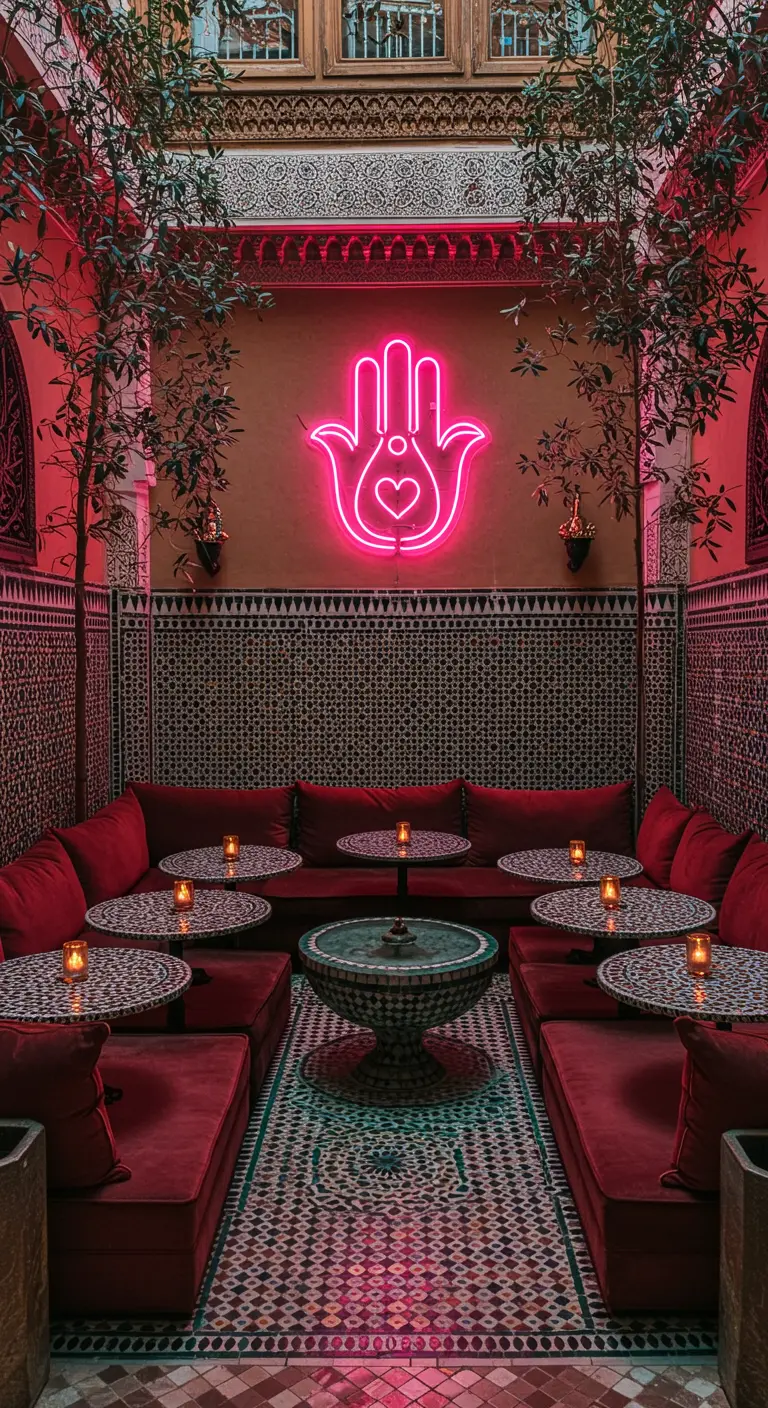 An ornate Moroccan courtyard with red cushions, tilework, and a neon Hamsa hand sign.