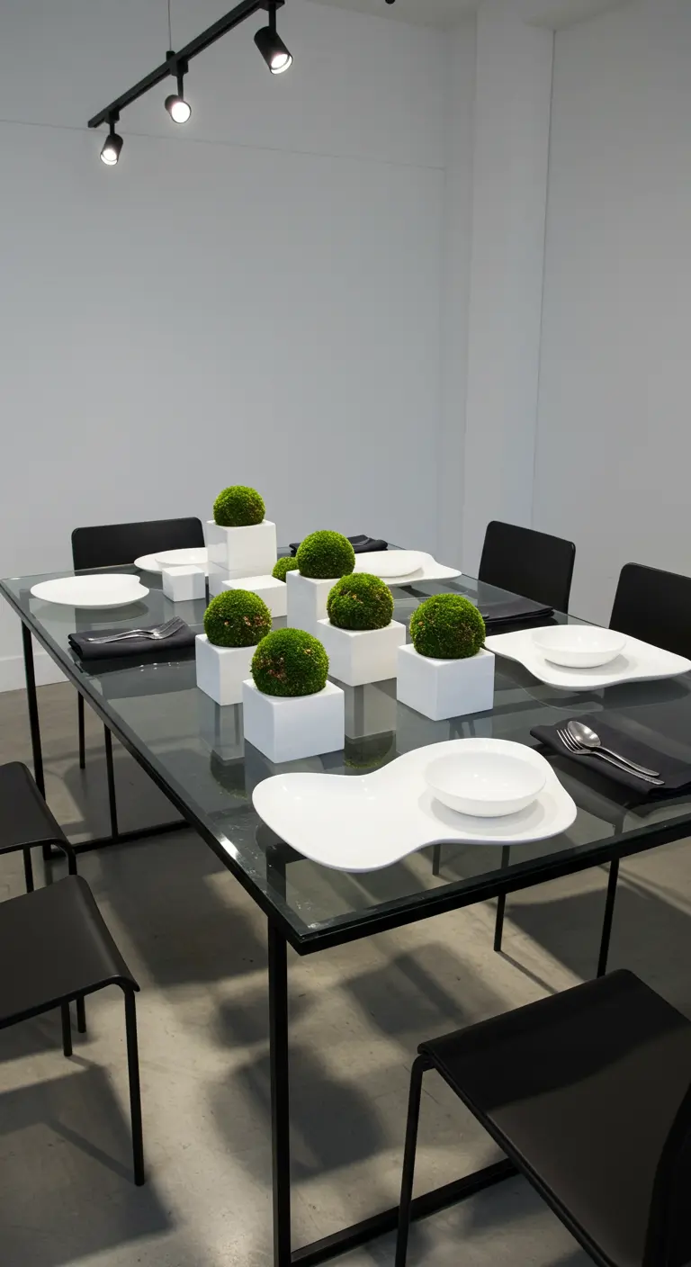 Modern glass table with a grid of white cubes topped with moss balls.