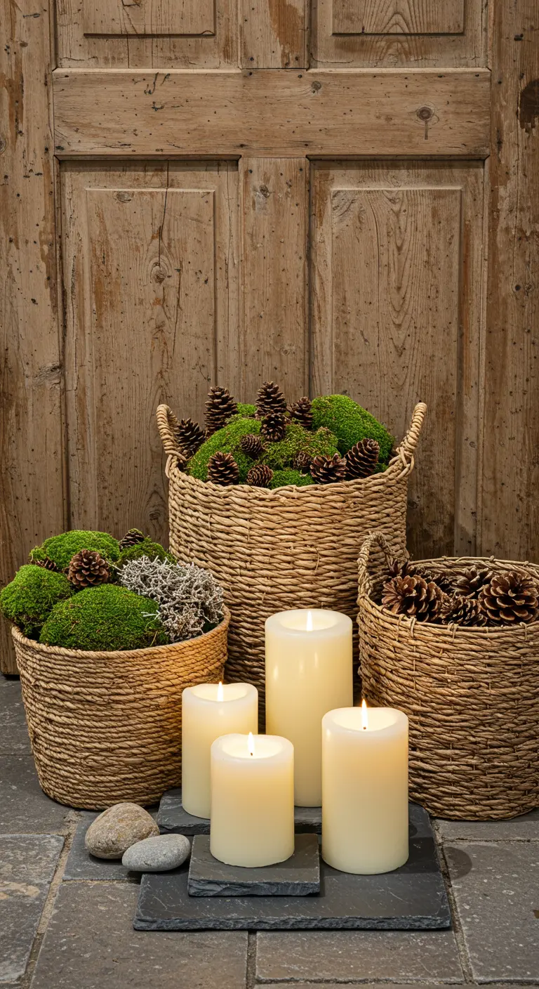 Woven baskets filled with green moss and pinecones, next to pillar candles on slate tiles.