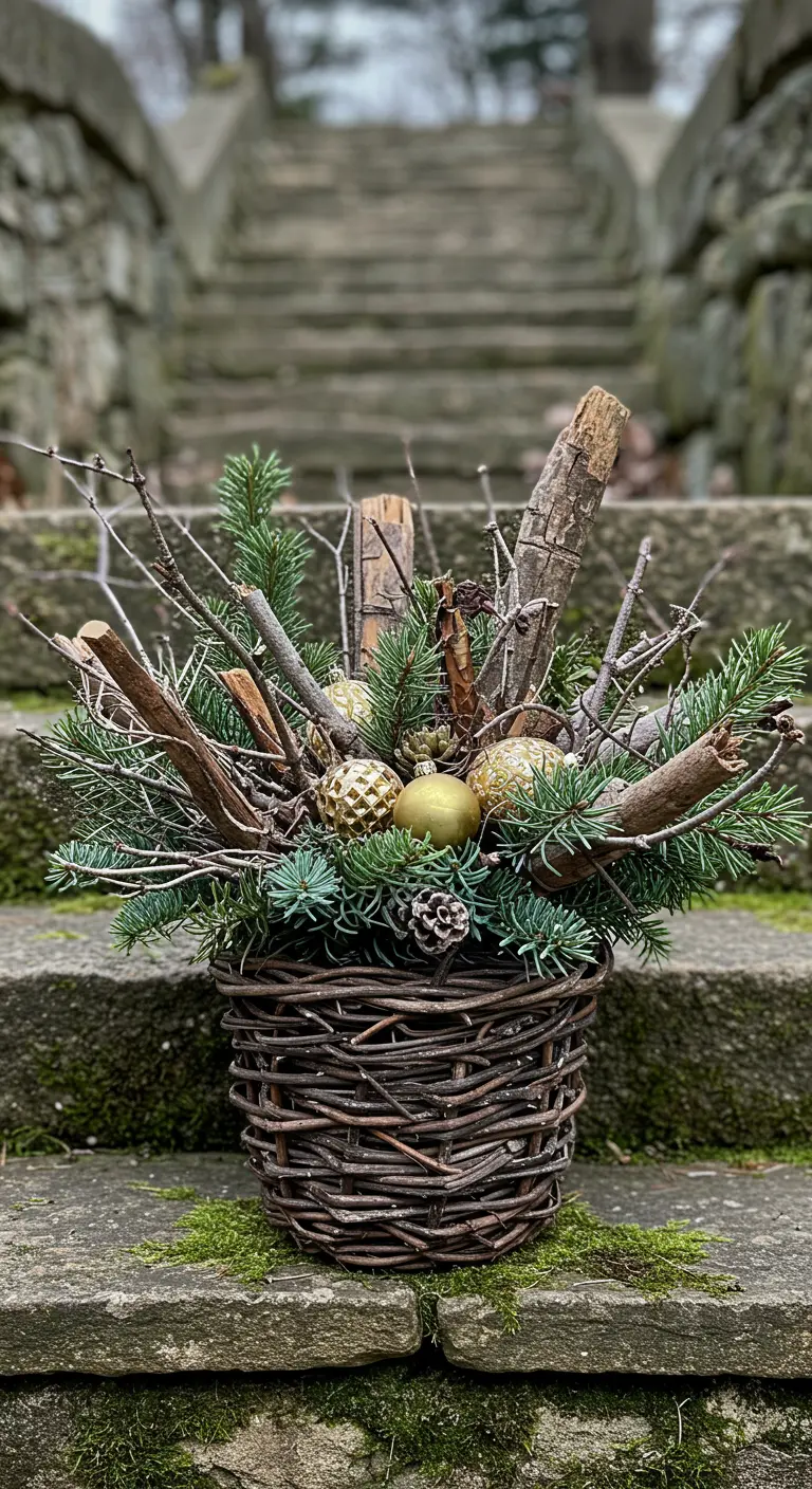 A grapevine basket filled with pine, driftwood, bark, twigs, and a few gold ornaments.
