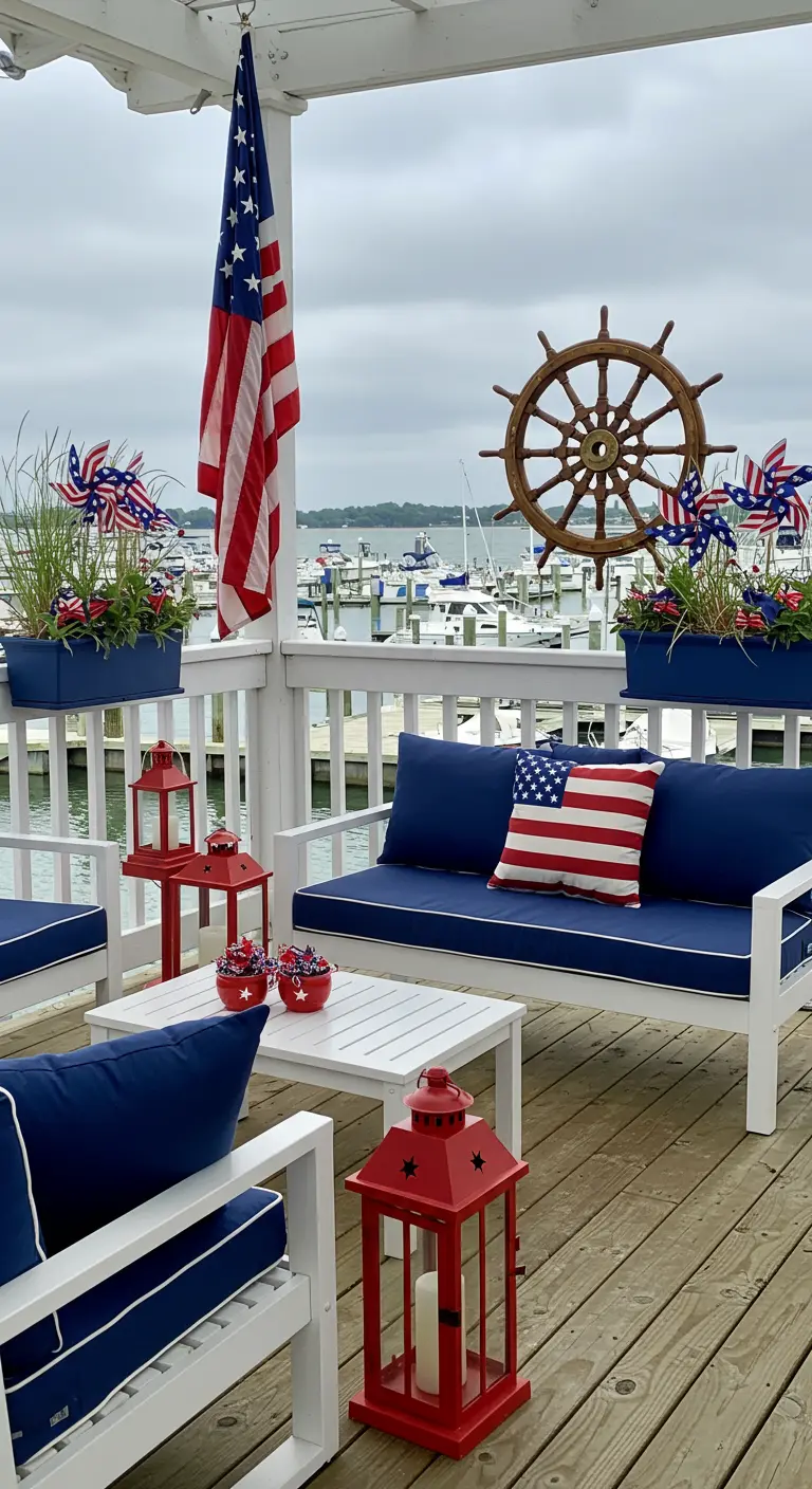A deck with navy and white furniture, red lanterns, and a large ship's wheel on the wall.